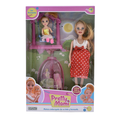 Muñeca "Pretty Mami" con bebé, hija y accesorios - DITOYS