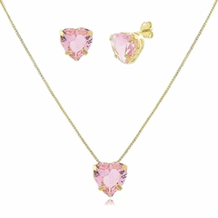 Imagem do Conjunto coração de cristal 10mm rosa banhado em ouro 18k