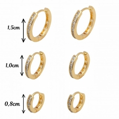 Ouro 18k Trio Argolinha click cravejada 1 fileira banhada 3 peças aneis de orelha - Morganitte Joias