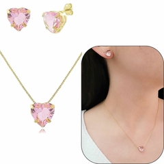 Conjunto coração de cristal 10mm rosa banhado em ouro 18k