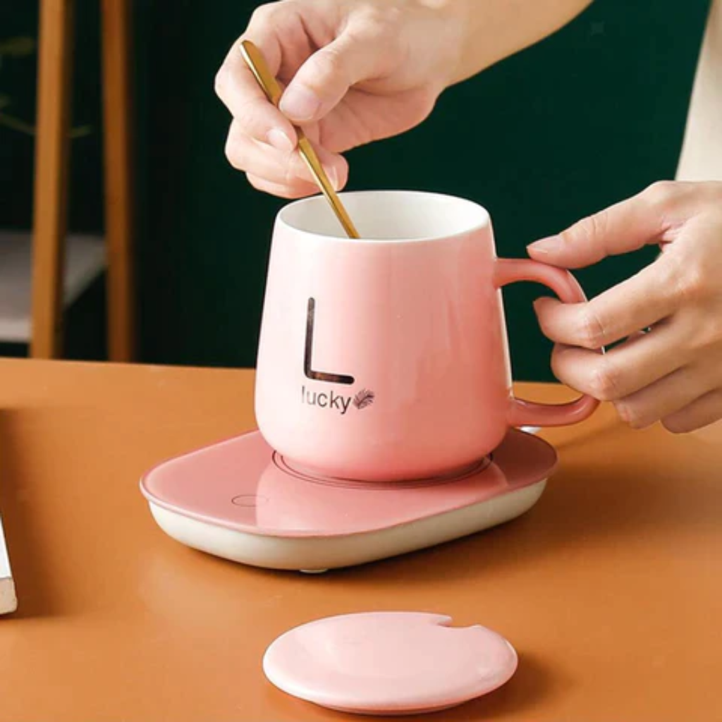 Taza Mug De Café Con Calentador Eléctrico + Cuchara, Color Blanco