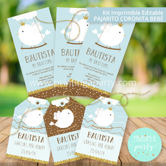 Kit Imprimible Pajarito Coronita Bebé Tarjeta + Decoración + Etiquetas Candy Bar - comprar online