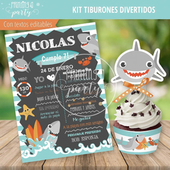 Kit Imprimible Tiburones Divertidos Tarjeta + Decoración + Etiquetas Candy Bar - Printing a Party
