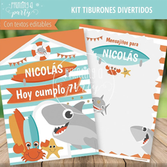 Kit Imprimible Tiburones Divertidos Tarjeta + Decoración + Etiquetas Candy Bar - tienda online