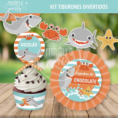 Imagen de Kit Imprimible Tiburones Divertidos Tarjeta + Decoración + Etiquetas Candy Bar