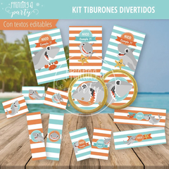 Kit Imprimible Tiburones Divertidos Tarjeta + Decoración + Etiquetas Candy Bar