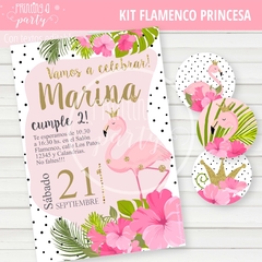 Kit Imprimible Flamencos Princesas Tarjeta + Decoración + Etiquetas Candy Bar