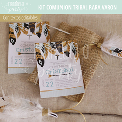 fiesta comunión varón boho tribal rústica plumas