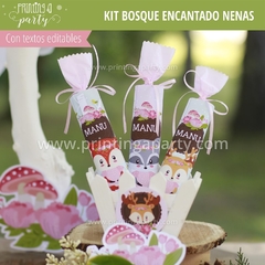 Kit Imprimible Bosque Encantado Nena Tarjeta + Etiquetas Candy Bar