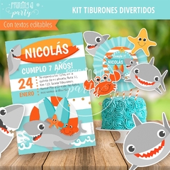 Kit Imprimible Tiburones Divertidos Tarjeta + Decoración + Etiquetas Candy Bar