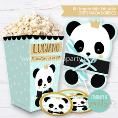 kit imprimible oso panda varon decoración candy bar panda