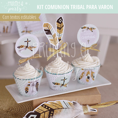 fiesta comunión varón boho tribal rústica plumas