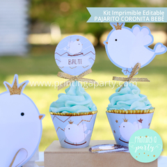 Kit Imprimible Pajarito Coronita Bebé Tarjeta + Decoración + Etiquetas Candy Bar - tienda online