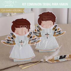 fiesta comunión varón boho tribal rústica plumas