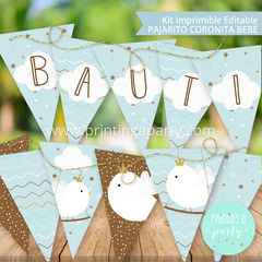 Kit Imprimible Pajarito Coronita Bebé Tarjeta + Decoración Fiesta Pajarito