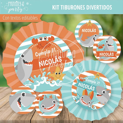 Kit Imprimible Tiburones Divertidos Tarjeta + Decoración + Etiquetas Candy Bar - Printing a Party