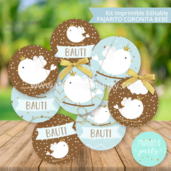 Kit Imprimible Pajarito Coronita Bebé Tarjeta + Decoración Fiesta Pajarito