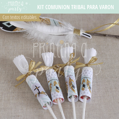 fiesta comunión varón boho tribal rústica plumas