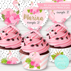 Imagen de Kit Imprimible Flamencos Princesas Tarjeta + Decoración Fiesta