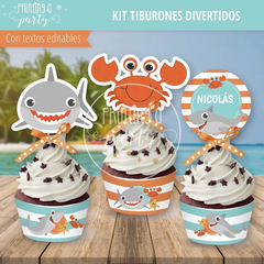 Kit Imprimible Tiburones Divertidos Tarjeta + Etiquetas Candy Bar