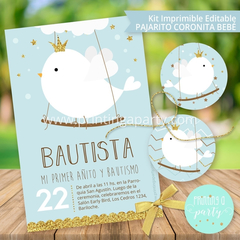 Kit Imprimible Pajarito Coronita Bebé Tarjeta + Etiquetas Candy Bar - Printing a Party