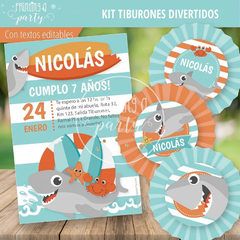 Imagen de Kit Imprimible Tiburones Divertidos Tarjeta + Decoración + Etiquetas Candy Bar
