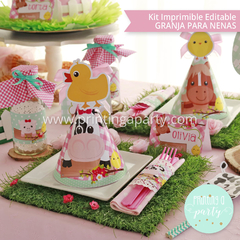 kit imprimible granja nenas decoración candy bar invitación granja