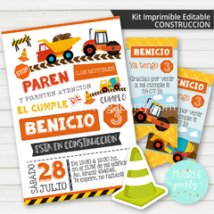 kit imprimible construcción varón fiesta decoración tractor grúa candy bar