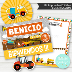 kit imprimible construcción varón fiesta decoración tractor grúa candy bar