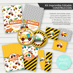 kit imprimible construcción varón fiesta decoración tractor grúa candy bar