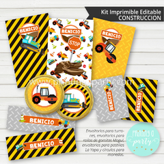 kit imprimible construcción varón fiesta decoración tractor grúa candy bar