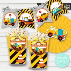 kit imprimible construcción varón fiesta decoración tractor grúa candy bar