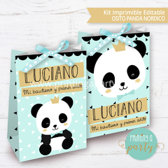 kit imprimible oso panda varon decoración candy bar panda