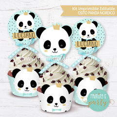 kit imprimible oso panda varon decoración candy bar panda