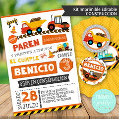 kit imprimible construcción varón fiesta decoración tractor grúa candy bar