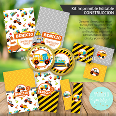 kit imprimible construcción varón fiesta decoración tractor grúa candy bar