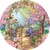 Painel de Tecido Sublimado Redondo Jardim Aquarela Portão de Entrada e Flores Rosa c/ Elástico 150x150cm