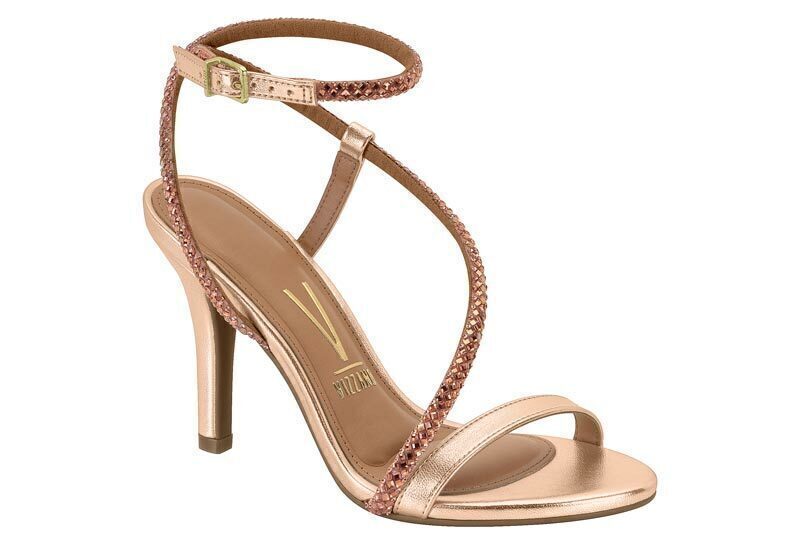 Sandália Feminina Salto Alto Fino Tiras Brilho Strass Rose Gold Vizzano  6249.796