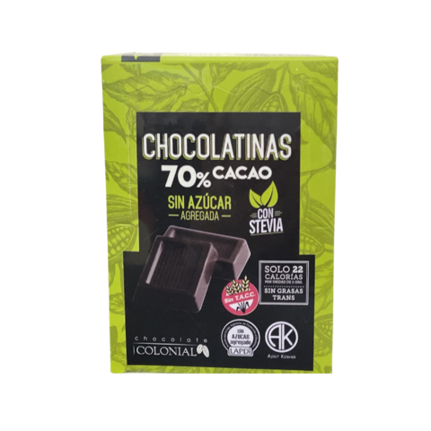 Chocolatinas 70% cacao sin azúcar con Stevia ESTUCHE x50 u.