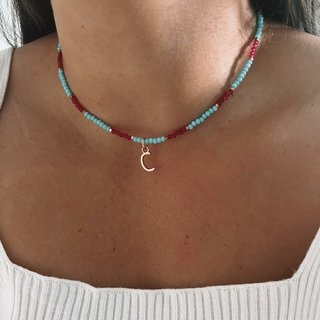 Choker Dourada Azul e Rosa com Inicial