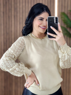 Blusa Iris Modal com manga trabalhada na renda com tule - Tati Perale Modas 