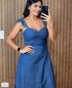 Vestido Jeans Longo Manga Babado na internet