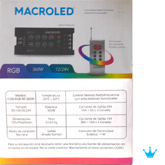 Controladora Tira Led RGB Hasta 10 Metros c/ Control 360w 12/24V - Macroled - tienda online