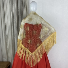 XALE DE TULE BORDADO COM FRANJA (DOURADO)