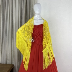 XALE DE TULE BORDADO COM FRANJA (AMARELO) - loja online