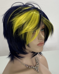 Peruca Curta Arrepiada Franja Cosplay Repicada Azul Amarelo