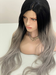 Peruca Mini Lace ao Meio Futura Ombre Platinada Preta Cinza