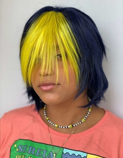 Peruca Curta Arrepiada Franja Cosplay Repicada Azul Amarelo