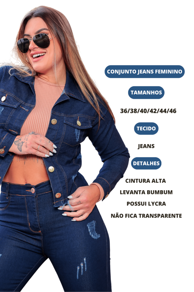 Conjunto Jeans Feminino Calça e Jaqueta Cropped Com Lycra