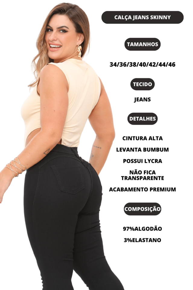 Kit 3 Calça Preta Skinny Feminina Cintura Alta Com Lycra Stillger
